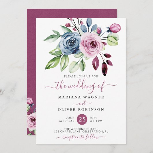 ネイビーブルーワインウォーターフローラ結婚ズ 招待状 (正面/裏面)