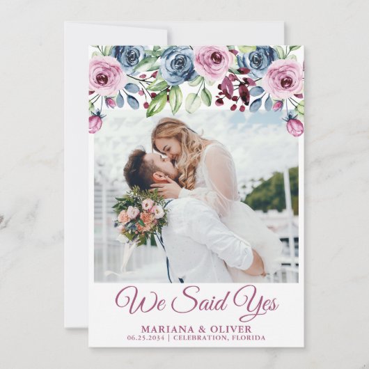 ネイビーブルーワイン結婚フローラ発表 招待状 (正面)