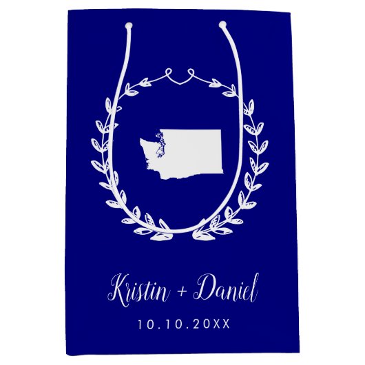 ネイビーブルーワシントンマップ結婚ズウェルカムスワッグ ミディアムペーパーバッグ (正面)