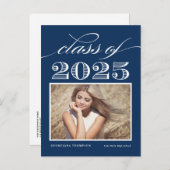ネイビーブルーヴィンテージクラス2025写真卒業 案内ポストカード (正面/裏面)