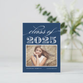 ネイビーブルーヴィンテージクラス2025写真卒業 案内ポストカード (スタンド正面)
