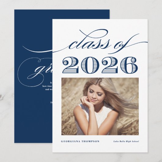 ネイビーブルーヴィンテージクラス2025写真卒業 案内状 (正面/裏面)