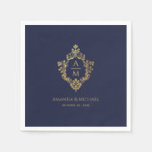 ネイビーブルーヴィンテージクレストモノグラムフェイク金ゴールド結婚ズ スタンダードカクテルナプキン (正面)