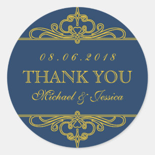 ネイビーブルーヴィンテージスワールオーナメント結婚式用シール ラウンドシール