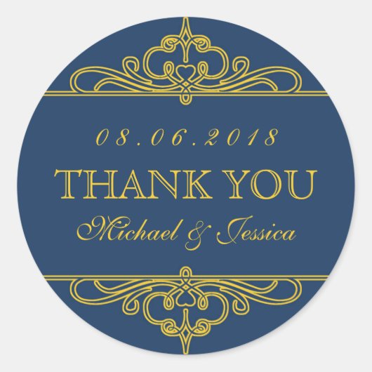 ネイビーブルーヴィンテージスワールオーナメント結婚式用シール ラウンドシール (正面)