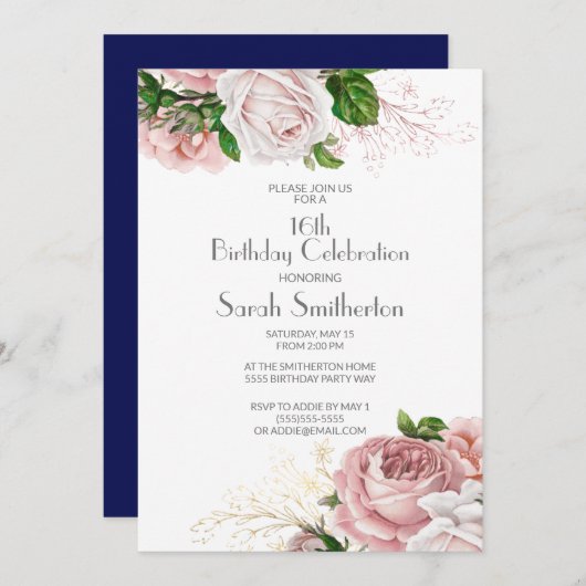 ネイビーブルーヴィンテージピンクフローラ16誕生日 招待状 (正面/裏面)