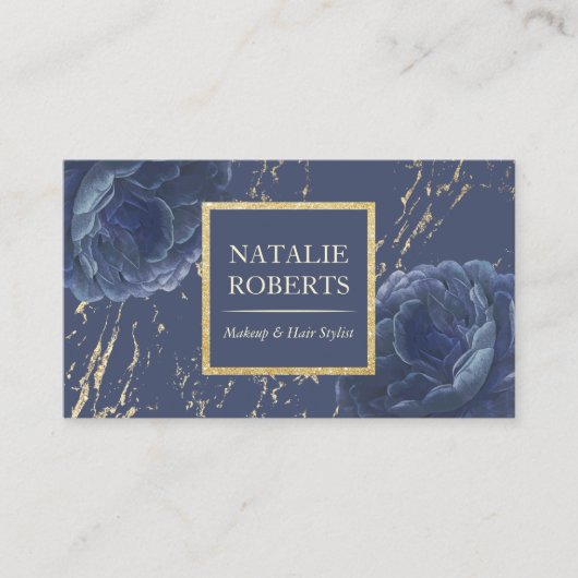 ネイビーブルーヴィンテージフローラメイクアップアーティストヘアサロン 名刺 (正面)