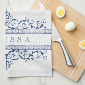 ネイビーブルーヴィンテージフローラ旋回フレーム キッチンタオル (四つ折り)