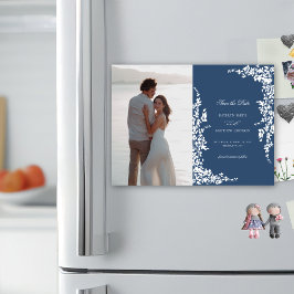 ネイビーブルーヴィンテージフローラ結婚式の日付を保存 マグネット招待状