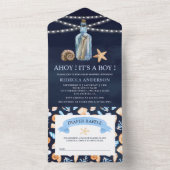 ネイビーブルーヴィンテージメッセージのボトルベビーシャワー オールインワン招待状 (内側)