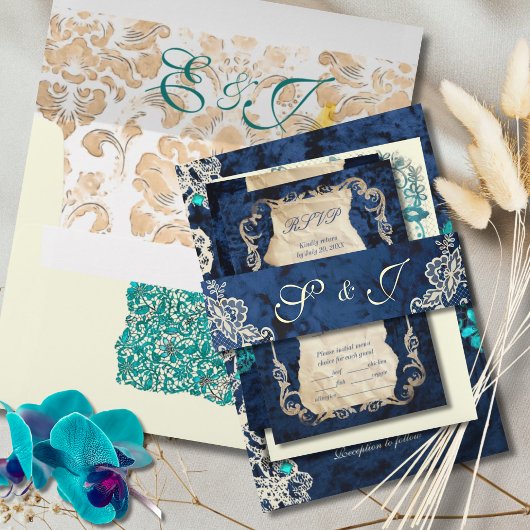 ネイビーブルーヴィンテージレースロエレガントンチ結婚ーズ 招待状ベリーバンド