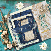 ネイビーブルーヴィンテージレースロエレガントンチ結婚ーズ 招待状ベリーバンド