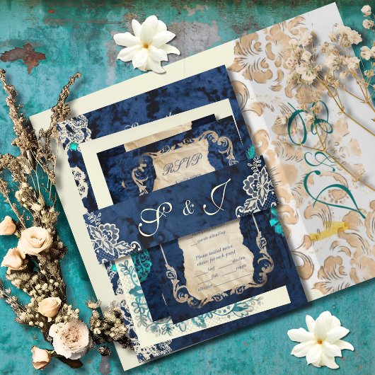 ネイビーブルーヴィンテージレースロエレガントンチ結婚ーズ 招待状ベリーバンド