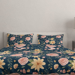 ネイビーブルーヴィンテージワイルドフラワーバラパターン 枕カバー