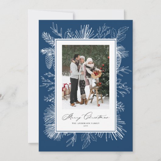 ネイビーブルーヴィンテージ植物系クリスマスフォト シーズンカード (正面)