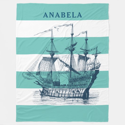 ネイビーブルーヴィンテージ航海の風帆船 フリースブランケット (正面)