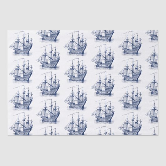 ネイビーブルーヴィンテージ風帆船パターン 薄葉紙 (正面)