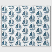 ネイビーブルーヴィンテージ風帆船模様ラップ ラッピングペーパー (フラット)