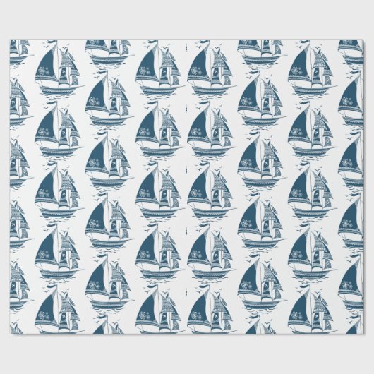 ネイビーブルーヴィンテージ風帆船模様ラップ ラッピングペーパー (シーム)