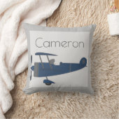 ネイビーブルーヴィンテージ飛行機ボーイズ名前をカスタムする クッション (ブランケット)