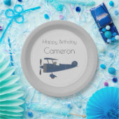 ネイビーブルーヴィンテージ飛行機ボーイズ名前をカスタムする ペーパープレート (パーティー)