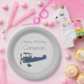 ネイビーブルーヴィンテージ飛行機ボーイズ名前をカスタムする ペーパープレート (パーティー)