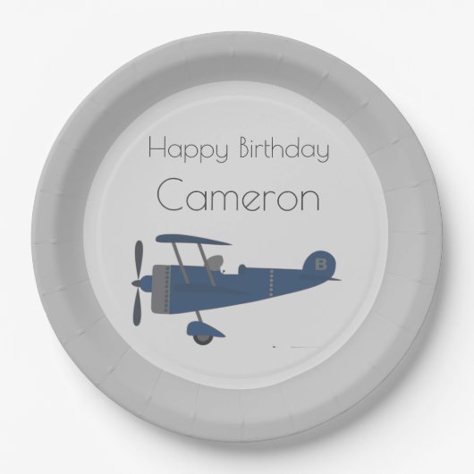 ネイビーブルーヴィンテージ飛行機ボーイズ名前をカスタムする ペーパープレート (正面)