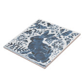 ネイビーブルー上の白うさぎ鳥の葉アジアアールデコ タイル (側面)