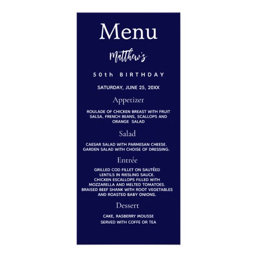 ネイビーブルー写真おもしろいファクト誕生日メニューカード ラックカード (正面)