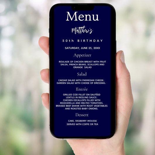 ネイビーブルー写真おもしろいファクト誕生日メニューカード 招待状