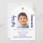 ネイビーブルー写真アーチ少年ファースト・ホーリー・コミュニオン 招待状 (正面)