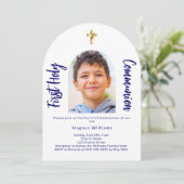 ネイビーブルー写真アーチ少年ファースト・ホーリー・コミュニオン 招待状 (スタンド正面)