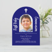 ネイビーブルー写真アーチ少年ファースト・ホーリー・コミュニオン 招待状 (スタンド正面)