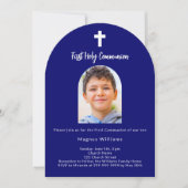 ネイビーブルー写真アーチ少年ファースト・ホーリー・コミュニオン 招待状 (正面)