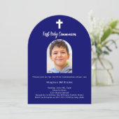 ネイビーブルー写真アーチ少年ファースト・ホーリー・コミュニオン 招待状 (スタンド正面)