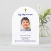 ネイビーブルー写真アーチ少年ファースト・ホーリー・コミュニオン 招待状 (スタンド正面)