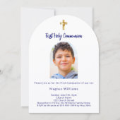 ネイビーブルー写真アーチ少年ファースト・ホーリー・コミュニオン 招待状 (正面)