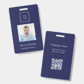ネイビーブルー写真名QRコードビジネスロゴ バッジ (正面＆裏面)