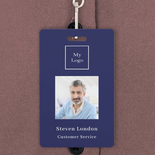 ネイビーブルー写真名QRコードビジネスロゴ バッジ