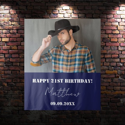ネイビーブルー写真男の誕生日パーティー タペストリー