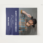 ネイビーブルー写真男の誕生日パーティー タペストリー (正面(横))