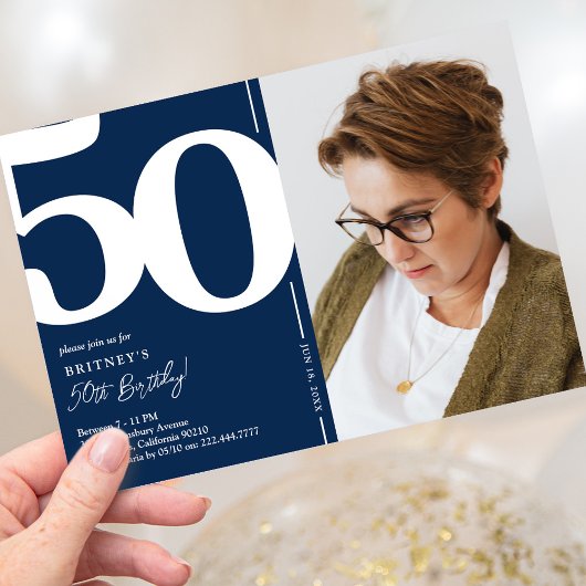 ネイビーブルー写真第50回バースデーパーティー 招待状