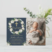 ネイビーブルー冬フローラガールバプティスフォト 招待状 (スタンド正面)