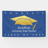 ネイビーブルー卒業はっきりした金ゴールドキャップモダンシンプル 横断幕 (横)