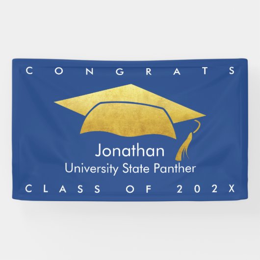 ネイビーブルー卒業はっきりした金ゴールドキャップモダンシンプル 横断幕 (横)