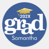 ネイビーブルー卒業金ゴールドはっきりしたモダンタイポグラフィ ラウンドシール (正面)