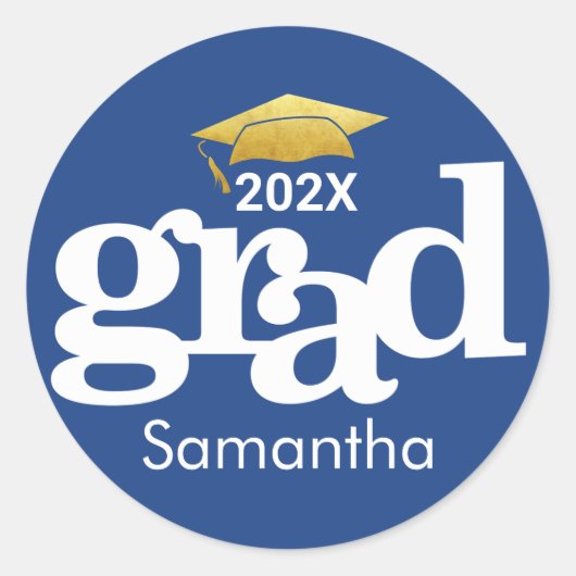 ネイビーブルー卒業金ゴールドはっきりしたモダンタイポグラフィ ラウンドシール (正面)