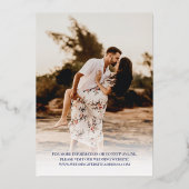 ネイビーブルー参加アメリカ金ゴールドスクリプト写真結婚の写真 箔招待状 (裏面)