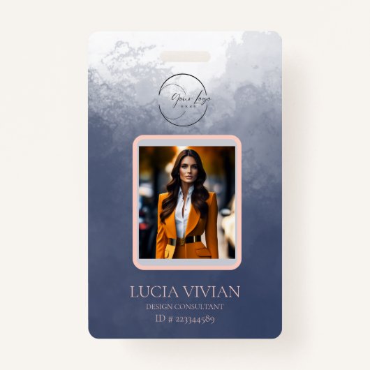 ネイビーブルー双方向カラーQRcode写真従業員名 バッジ (正面)