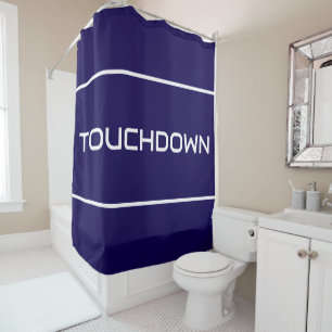 ネイビーブルー地にモダンな白い文字とストライプのTOUCHDOWN シャワーカーテン
